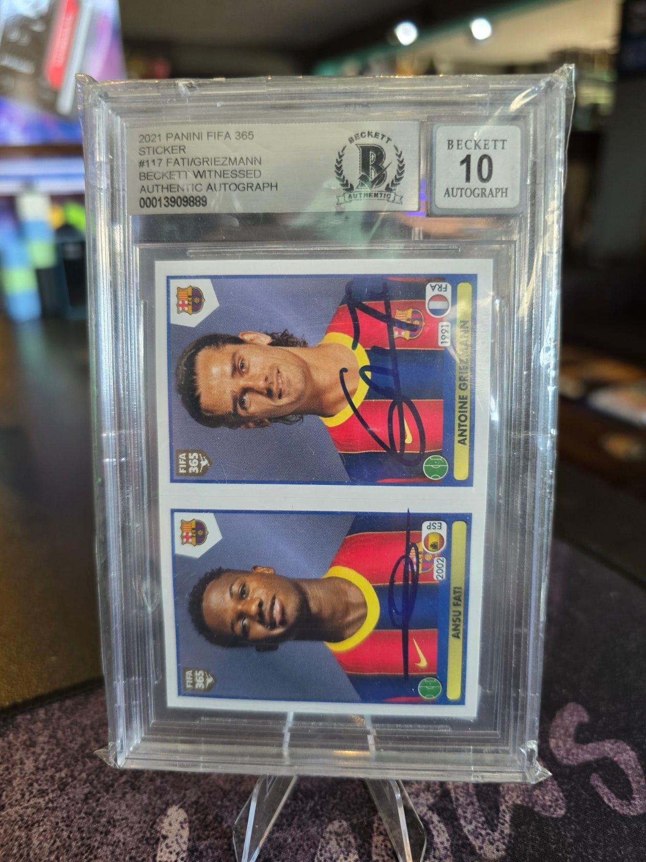 Panini 2021 FIFA 365 Sticker - Ansu Fati - Antoine Griezmann - Dual on Card Signed Auto - Beckett Cert 10