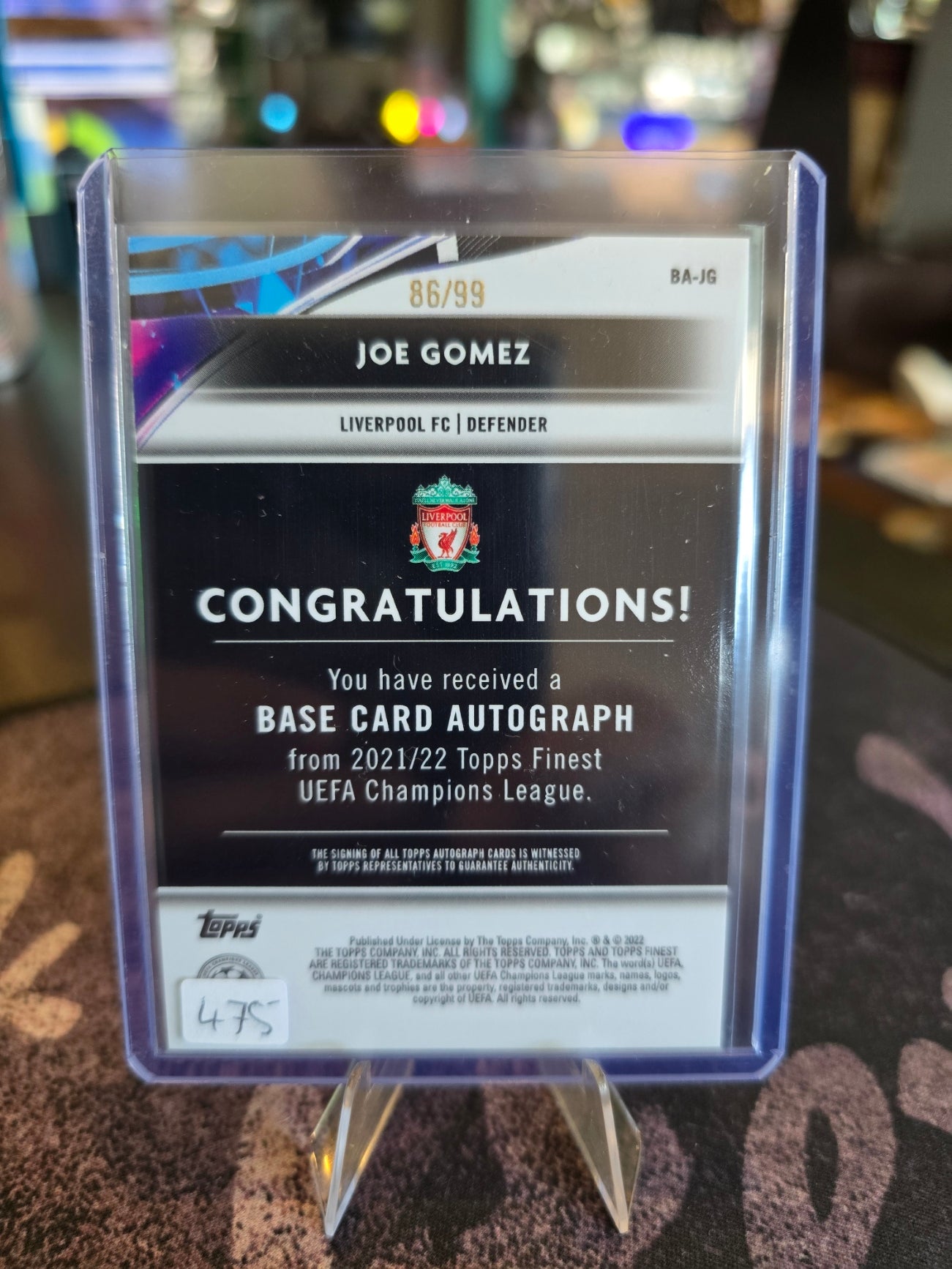 Topps Finest UCL 2021-22 - Joe Gomez BA-JG - Liverpool FC - Green Auto 86/99