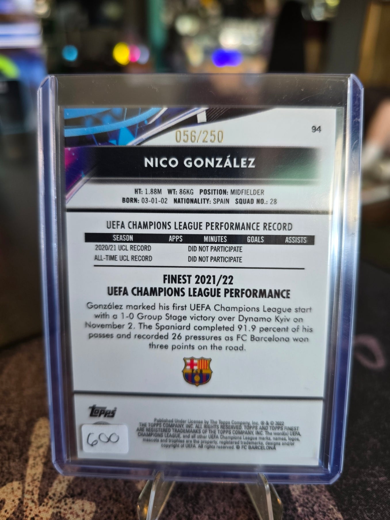 Topps Finest UCL 2021-22 - Nico Gonzales RC Rookie 94 - FC Barcelona - 056/250
